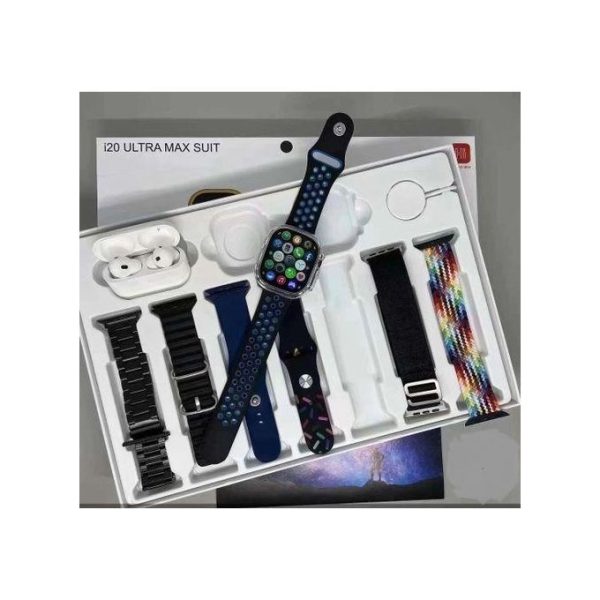 i20 Ultra Max Smartwatch Suit – 10-in-1 Combo with Multiple Straps, Earbuds & Cases - Image 3