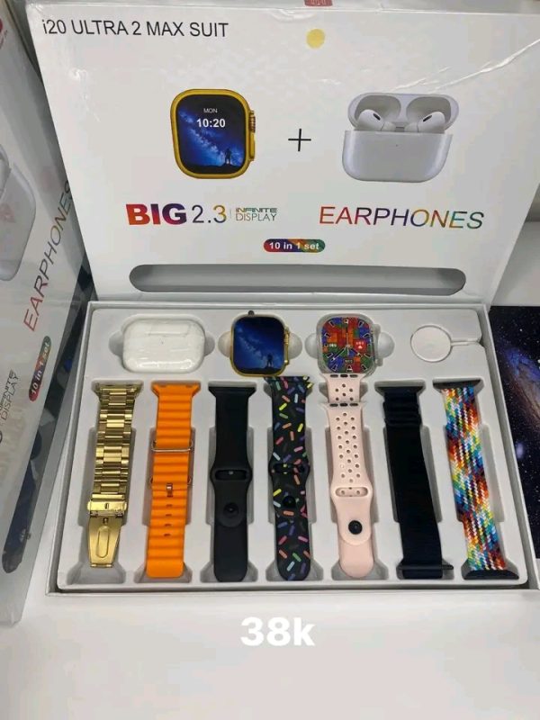 i20 Ultra Max Smartwatch Suit – 10-in-1 Combo with Multiple Straps, Earbuds & Cases - Image 7