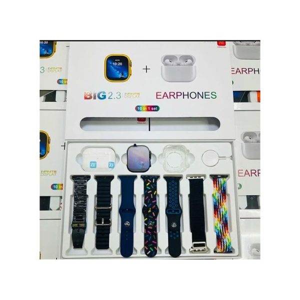 i20 Ultra Max Smartwatch Suit – 10-in-1 Combo with Multiple Straps, Earbuds & Cases - Image 4