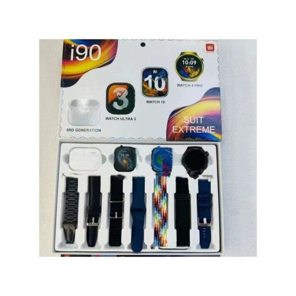 I90 Smartwatch Suite – 3 Smartwatches + Wireless Earbuds + 7 Straps | All-in-One Combo | Health Tracking | Stylish & Functional