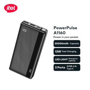 itel PowerPulse A1160 20000mAh Power Bank – 12W Fast Charging | Type-C Input – Black
