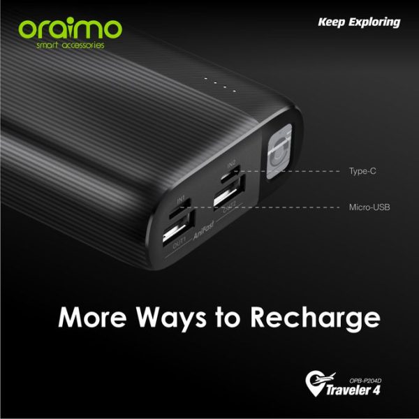 Oraimo Traveler 4 20000mAh Power Bank – Dual Output | 10.5W Fast Charging | Ultra-Long Battery Life - Image 5